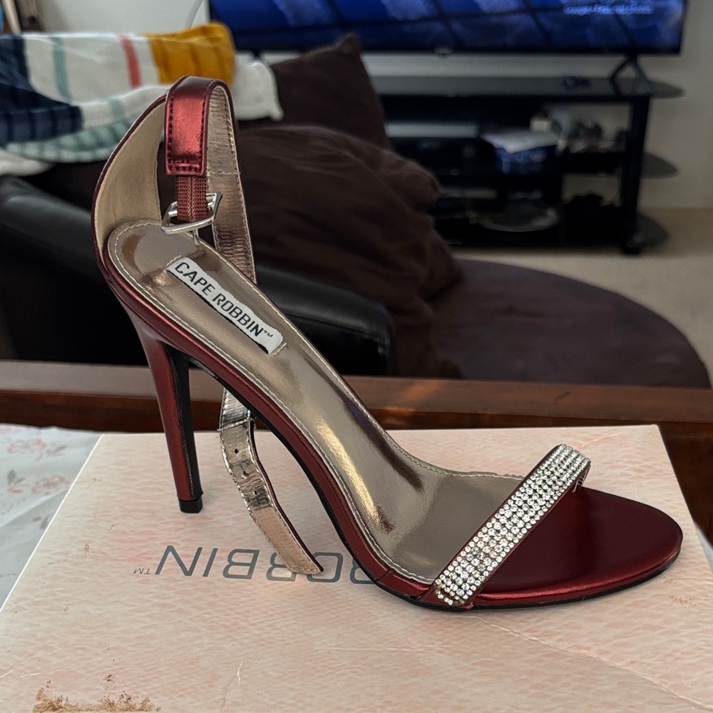 Cape Robbin Metallic Red Heels with Rhinestone Accent